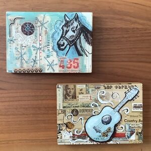 Rustic Horse and Guitar Art Set in Blue and Brown